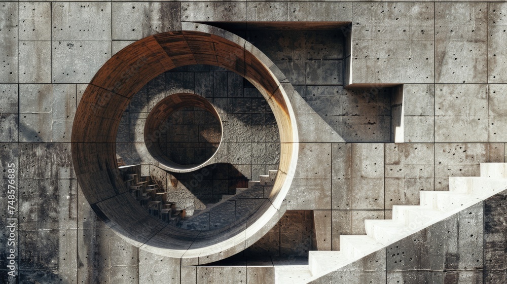 Poster concrete wall with stairs and a circular window. suitable for architectural and industrial projects