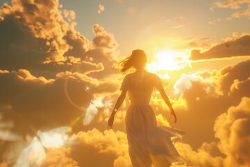 A serene image of a woman in a white dress walking through clouds. Suitable for dreamy and inspirational concepts