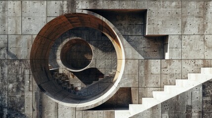 Concrete wall with stairs and a circular window. Suitable for architectural and industrial projects