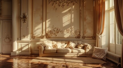 A cozy living room with a comfortable couch and a large window. Perfect for interior design concepts