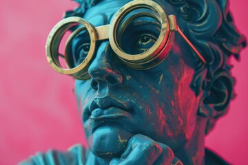 Close up of a statue wearing glasses. Suitable for educational and historical content