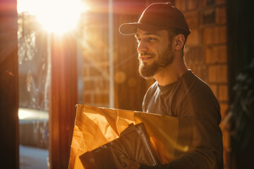A bearded young man with a cap smiles in the warm glow of the city sunset, holding folders - obrazy, fototapety, plakaty