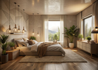 bedroom, tranquil nature vibe, soft earth tones, minimalistic decor, serene lighting, peaceful