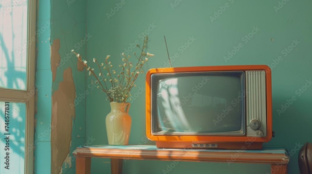 Poster a small television set resting on a wooden table, suitable for various media and entertainment conce