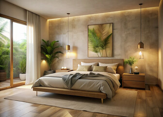 bedroom, tranquil nature vibe, soft earth tones, minimalistic decor, serene lighting, peaceful