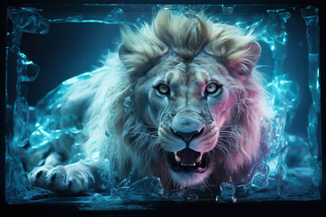A lion grins at the cracked TV screen in neon light. Generated by artificial intelligence