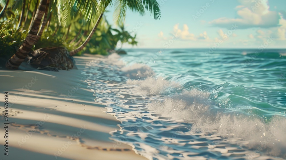 Poster a serene beach scene with palm trees and crashing waves. perfect for travel brochures or relaxation-