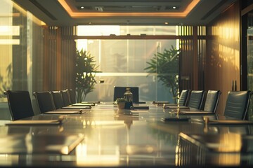 A conference room with a long table and chairs. Suitable for business presentations