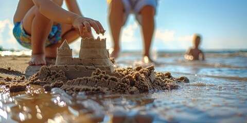 A child's hand building a sandcastle. Family beach vacation - obrazy, fototapety, plakaty