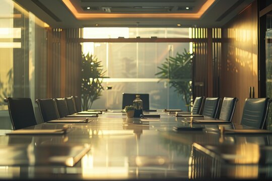 A conference room with a long table and chairs. Suitable for business presentations