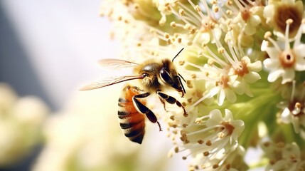 illustration of The bee is sucking the nectar from the flower, Generative ai - obrazy, fototapety, plakaty