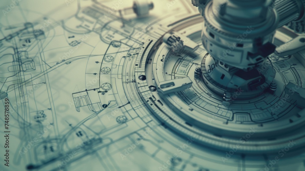 Poster Detailed view of a machine on a blueprint, suitable for technical concepts