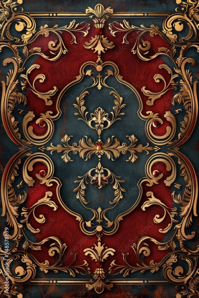 Poster vibrant red and blue background with intricate gold design. perfect for adding a touch of elegance t