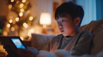Young boy sitting on a couch using a tablet. Great for technology concepts