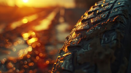 Detailed shot of a motorcycle tire with sun shining in the background. Ideal for automotive industry promotions