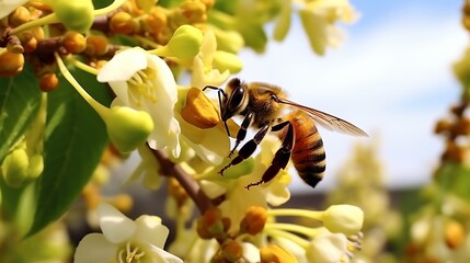 illustration of The bee is sucking the nectar from the flower, Generative ai