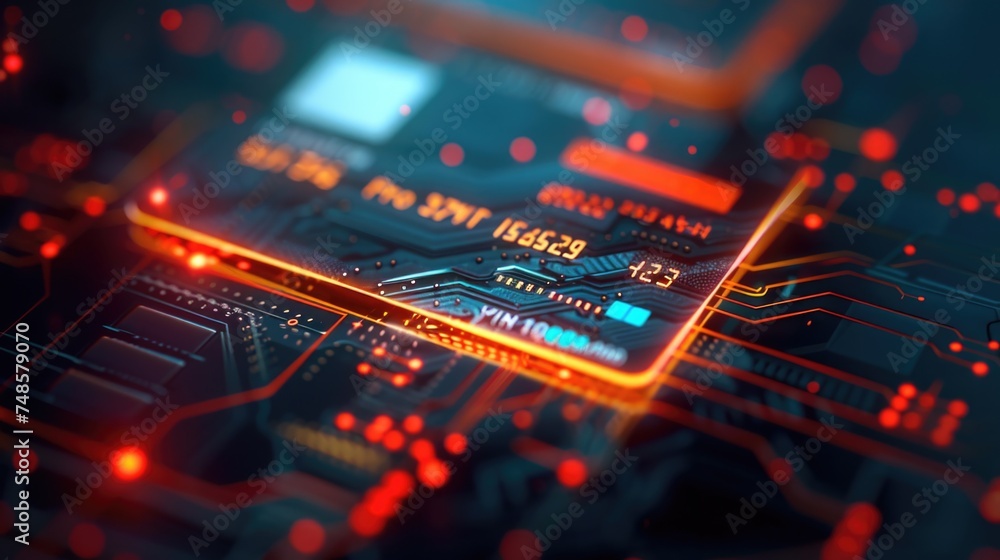 Poster close up of a circuit board with red lights, perfect for technology concepts