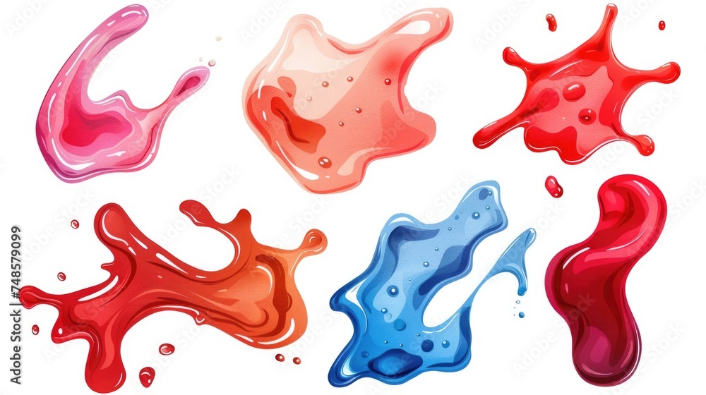 Poster various colored liquid splashes on a plain white backdrop. suitable for advertising and design proje