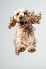 Energetic dog captured mid-air with mouth open, suitable for pet and action-themed projects