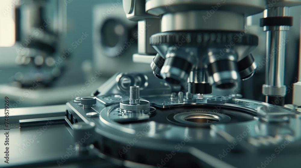 Poster Close up of a machine with a microscope, suitable for scientific and technological concepts