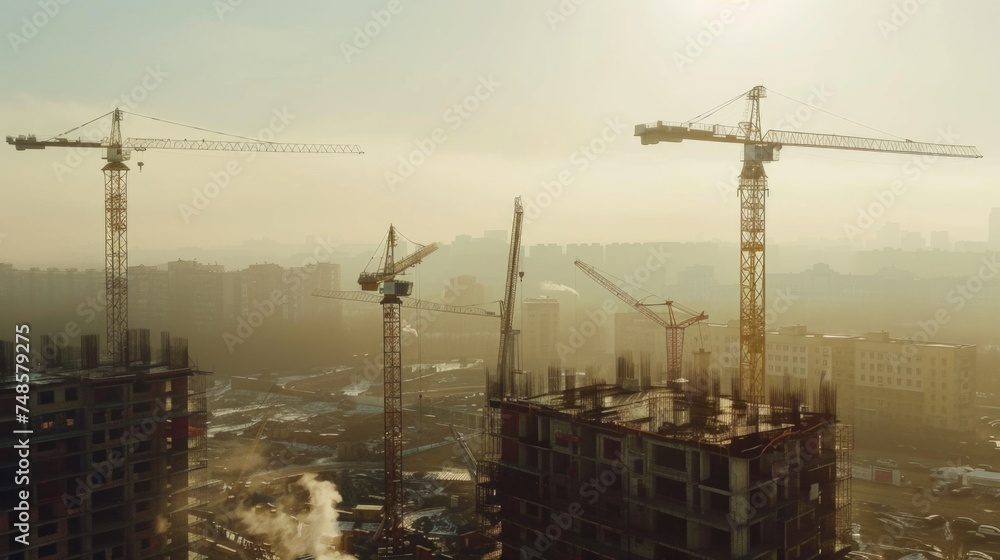 Sticker Group of cranes standing on top of a building. Suitable for construction and urban themes