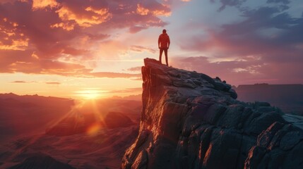 A man standing on top of a mountain at sunset. Perfect for outdoor and adventure concepts