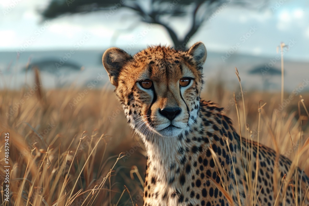 Poster a cheetah sitting in a field of tall grass. suitable for wildlife and nature concepts