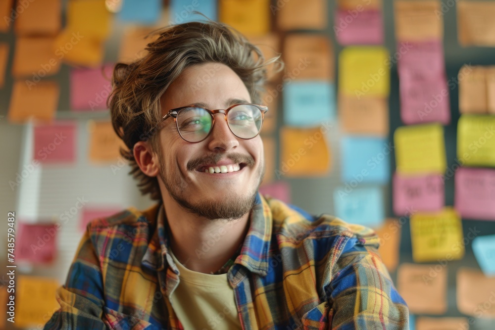 Poster A man with glasses smiling in front of a wall of post it notes. Ideal for business or creativity concepts