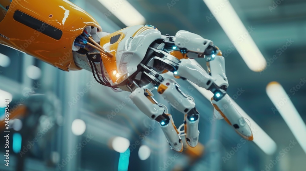 Poster a robotic hand holding a piece of equipment. suitable for technology concepts