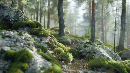 A moss covered rock in the middle of a forest. Suitable for nature and outdoor themes