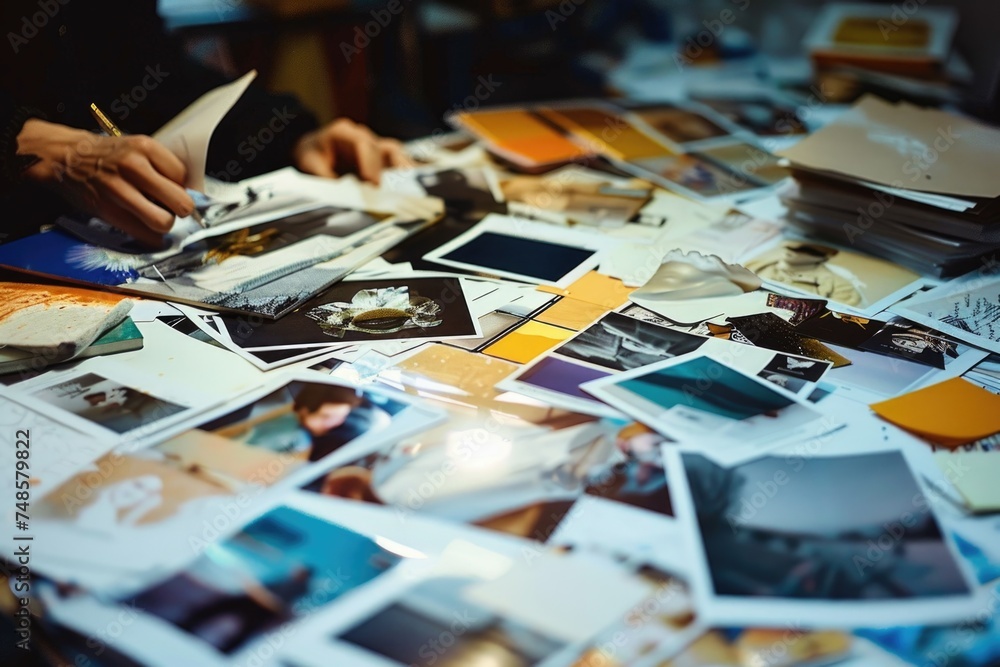 Poster a cluttered table with various photos and papers, ideal for office or creative concepts