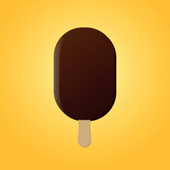 Isolated dark chocolate ice cream with wooden stick on a yellow background