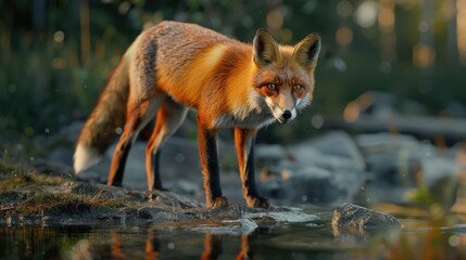 A fox standing on a rock next to a body of water. Suitable for nature and wildlife concepts