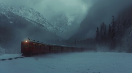 a red train traveling through a snow covered forest under a cloudy sky with a mountain in the backgroud.