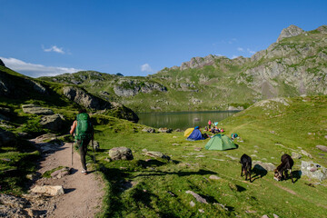camp on Lac Bersau, Ayous lakes tour, Pyrenees National Park, Pyrenees Atlantiques, France