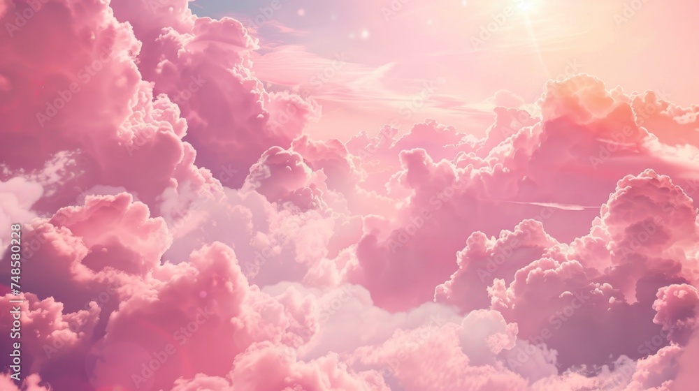 Poster a plane soaring through fluffy clouds. perfect for travel and aviation concepts