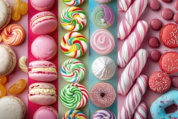 Afwasbaar fotobehang A variety of colorful pastries on a pink surface, perfect for bakery or dessert concepts © Fotograf