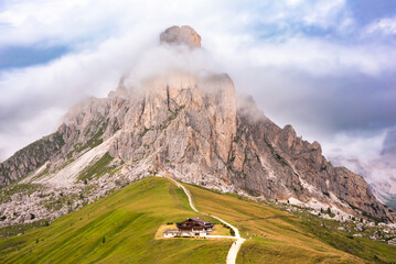 Majestic Dolomite mountains, Italy, in summer. Giau pass panoramic view
