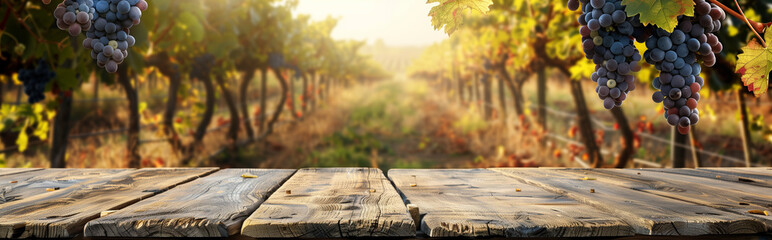 Empty wood table with free space over grapes trees, grapes field background. For product display...