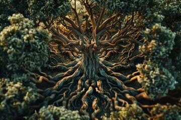 An aerial perspective of a tree showing its roots. Suitable for nature and environmental themes