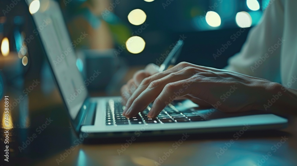 Poster close up of a person typing on a laptop, suitable for technology concepts