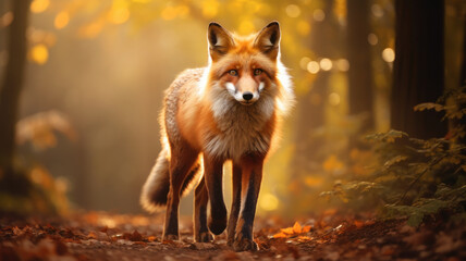 Naklejka na ściany i meble realistic fox with bushy tail and black ears, walking on a dirt path through a forest with tall trees and colorful leaves, with rays of sunlight and mist creating magical atmosphere