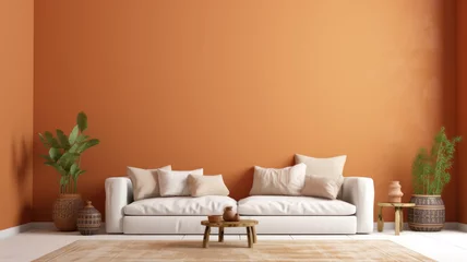 Glasschilderij Boho Home interior with ethnic boho decoration, living room in brown warm color