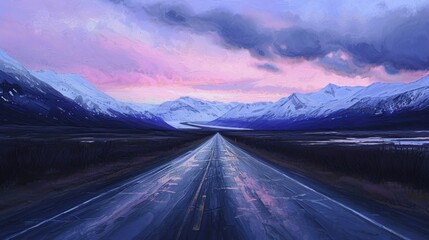 a painting of a road in the middle of a field with a mountain range in the background and a cloudy sky. - obrazy, fototapety, plakaty