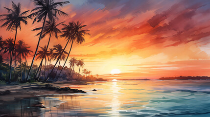 In a breathtaking display, the sun sets ablaze over a tropical beach, painting the waves and palm trees with a golden hue. Watercolor painting illustration.