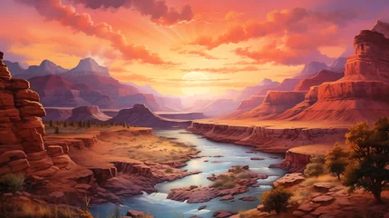 Deurstickers A vibrant, colorful sky sets the backdrop as the river carves its path through the rugged landscape of the canyon, illuminated by the setting sun. Watercolor painting illustration. © NaphakStudio