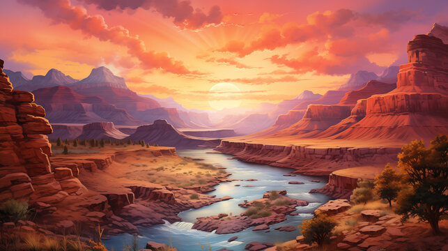 A vibrant, colorful sky sets the backdrop as the river carves its path through the rugged landscape of the canyon, illuminated by the setting sun. Watercolor painting illustration.