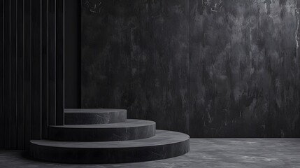 Dark and mysterious 3D rendering of an empty room with a spotlight on a black podium. The perfect...