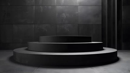 Fotobehang Cho Oyu 3D rendering of a dark and moody product display stage. The stage is made of black metal and has a spotlight shining down on it.
