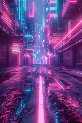 A city street illuminated by colorful neon lights with puddles of water. Perfect for urban-themed designs
